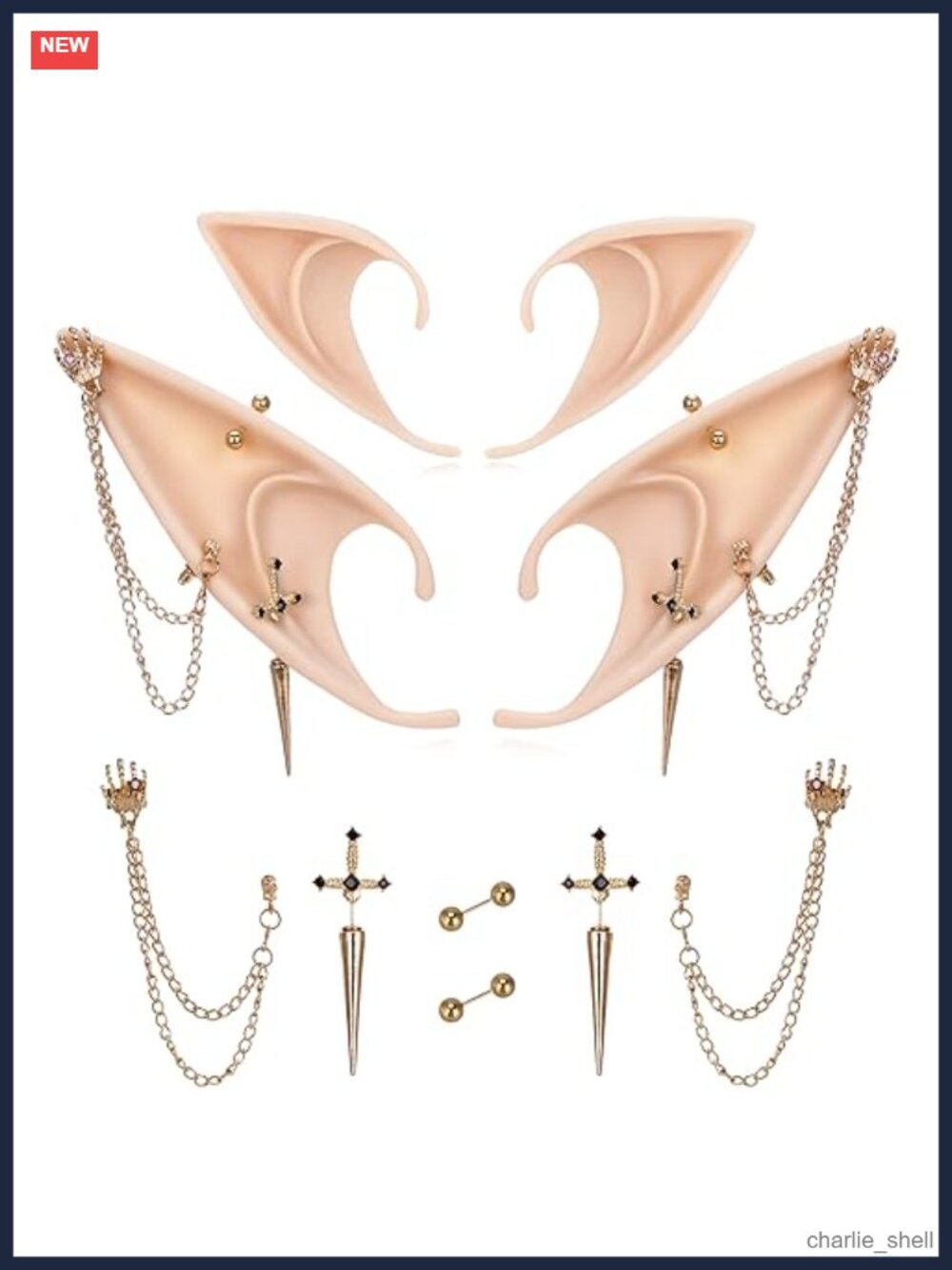 Gothic Elf Ears with Sliver Piercings Fairy Ear Cuffs Skull Earrings Set